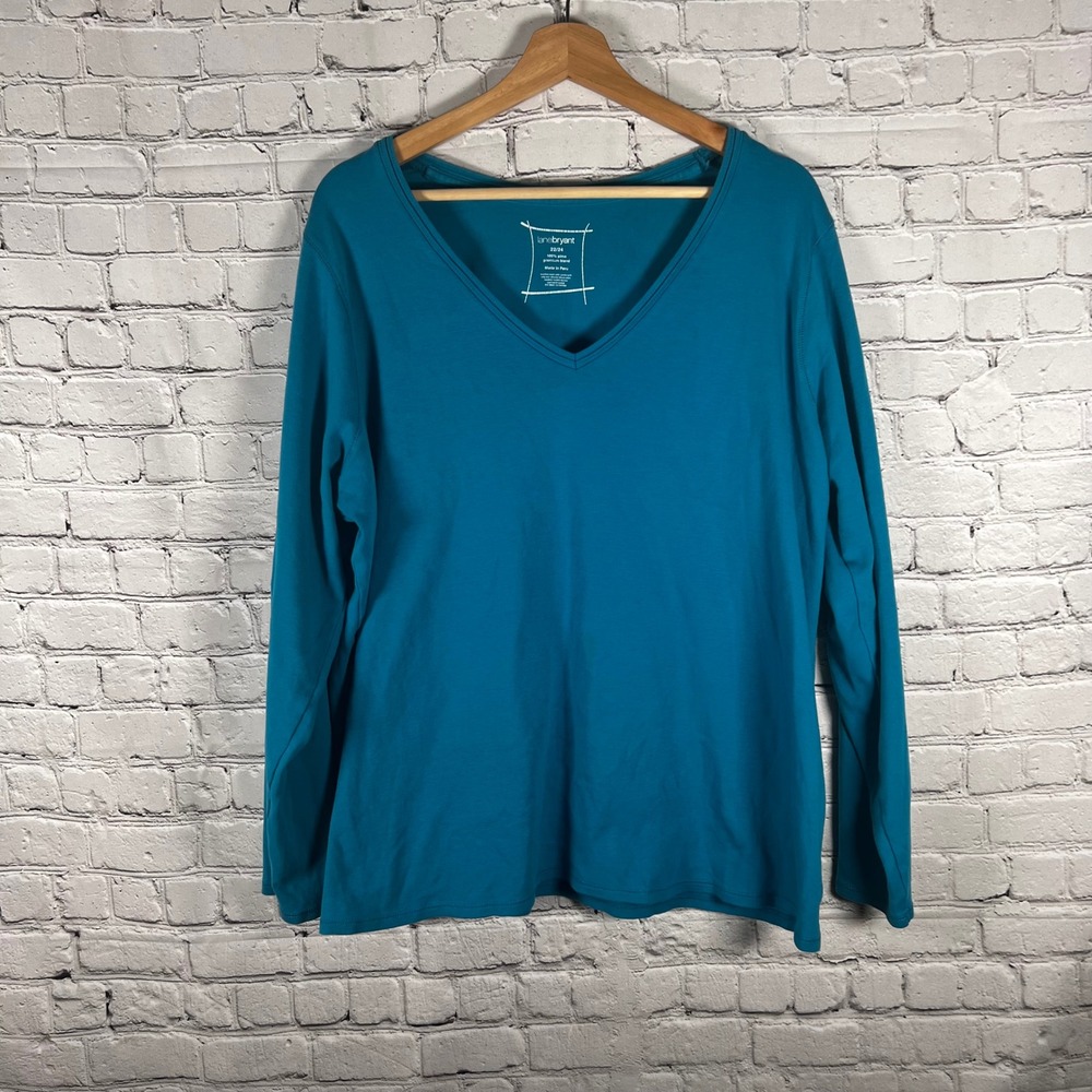 Lane Bryant Womens 22/24 Teal Blue Pima Cotton V-Neck Long Sleeve T-Shirt Top